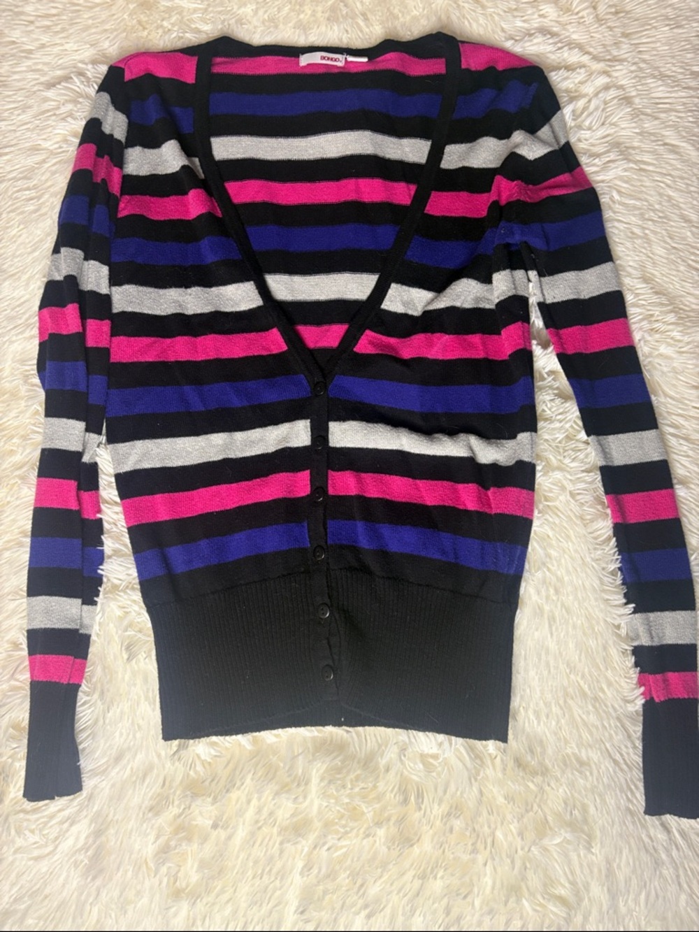 BONGO Striped V-Neck Cardigan - Black, Pink & Blue